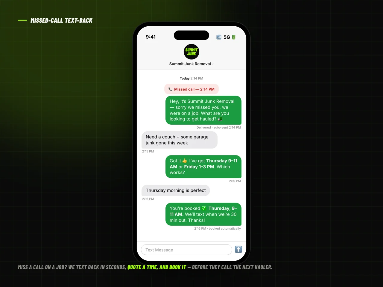 An automatic text-back thread after a missed call, booking the job